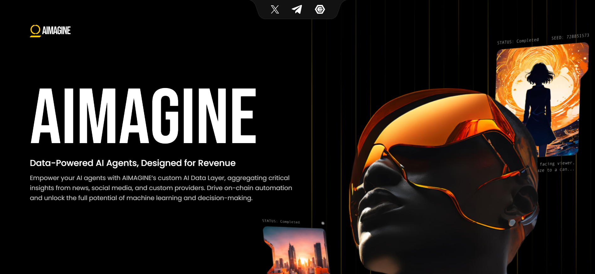 Aimagine homepage illustrating AI agent infrastructure and data layer on Arbitrum in top AI crypto presales category