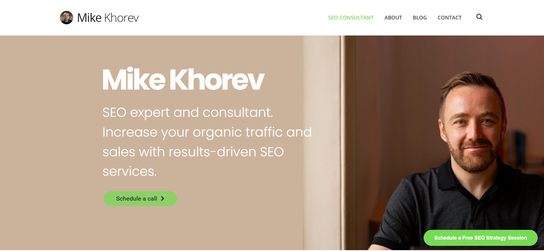 Mike Khorev SEO consultant website featuring independent organic optimization services for B2B companies, SaaS platforms, and crypto startups with personalized consultation approach