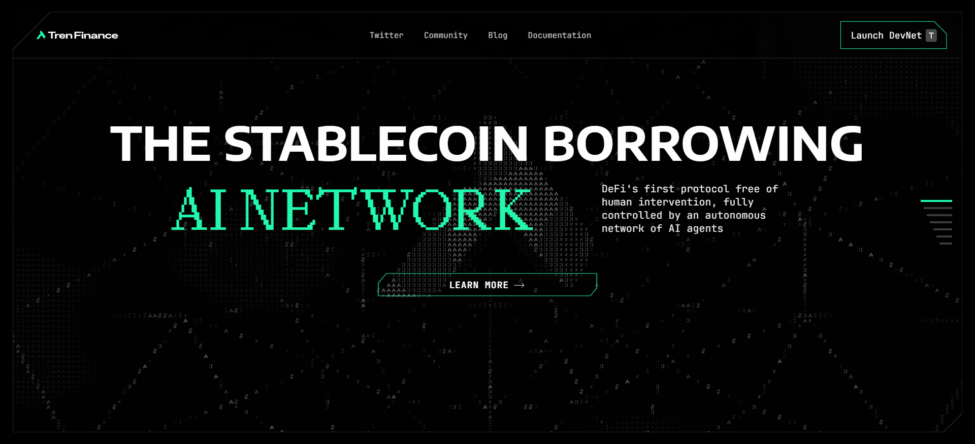 Tren Finance homepage presenting AI-managed DeFi vaults and veTREN model in top AI crypto presales guide