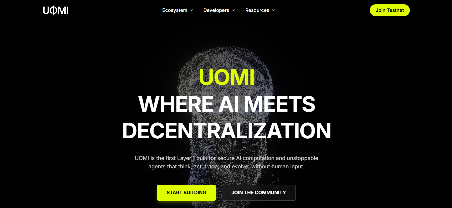 UOMI Layer-1 homepage with multi-chain support and autonomous AI agent features from top AI crypto presales watchlist