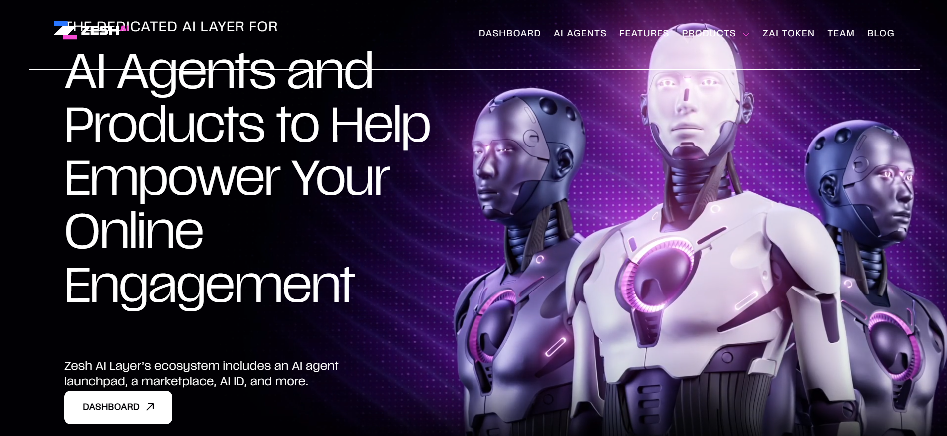 Zesh platform homepage highlighting AI-powered KOL scoring, anti-bot tools, and Web3 marketing for top AI crypto presales