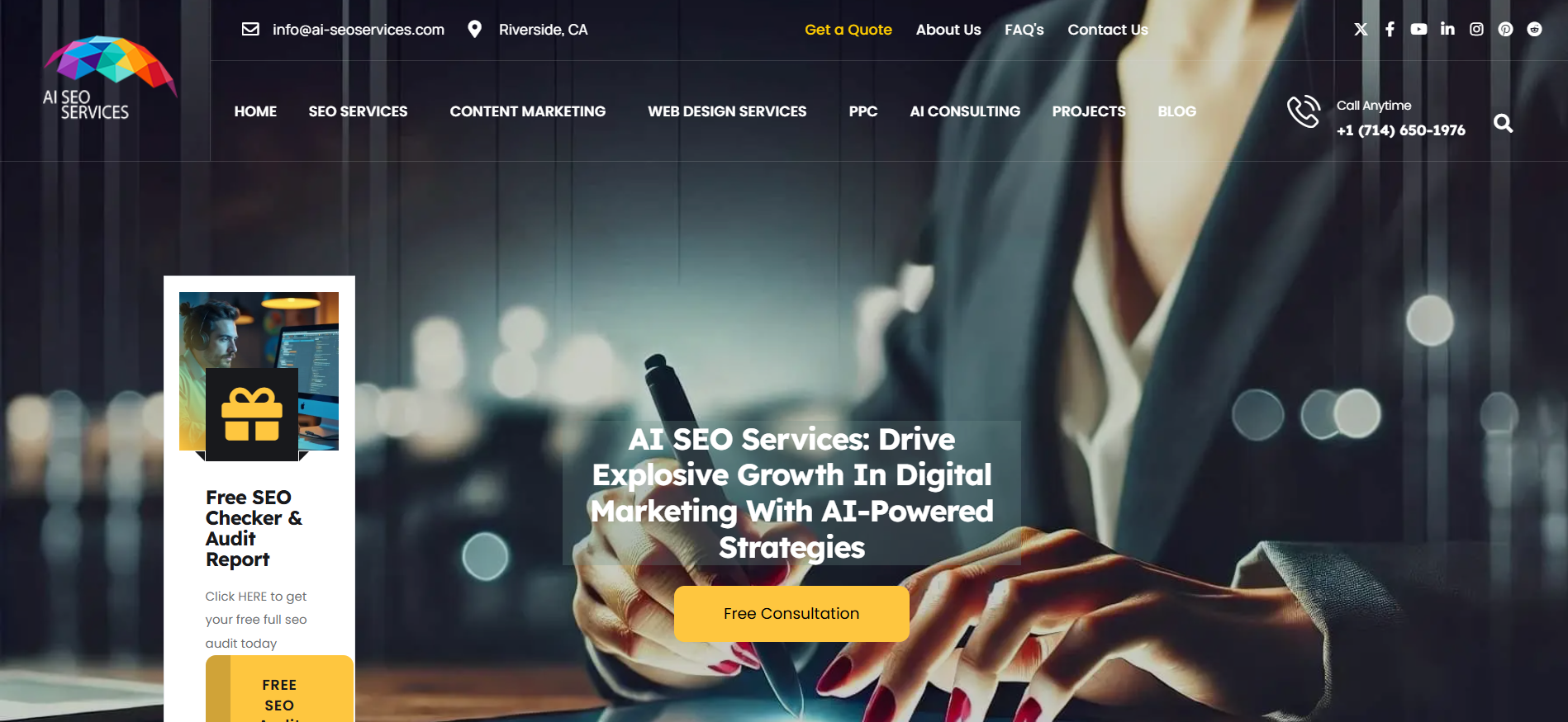 Página inicial dos serviços de SEO da IA que apresenta soluções abrangentes de marketing da IA, incluindo a otimização GEO, LLMO e AEO para empresas globais