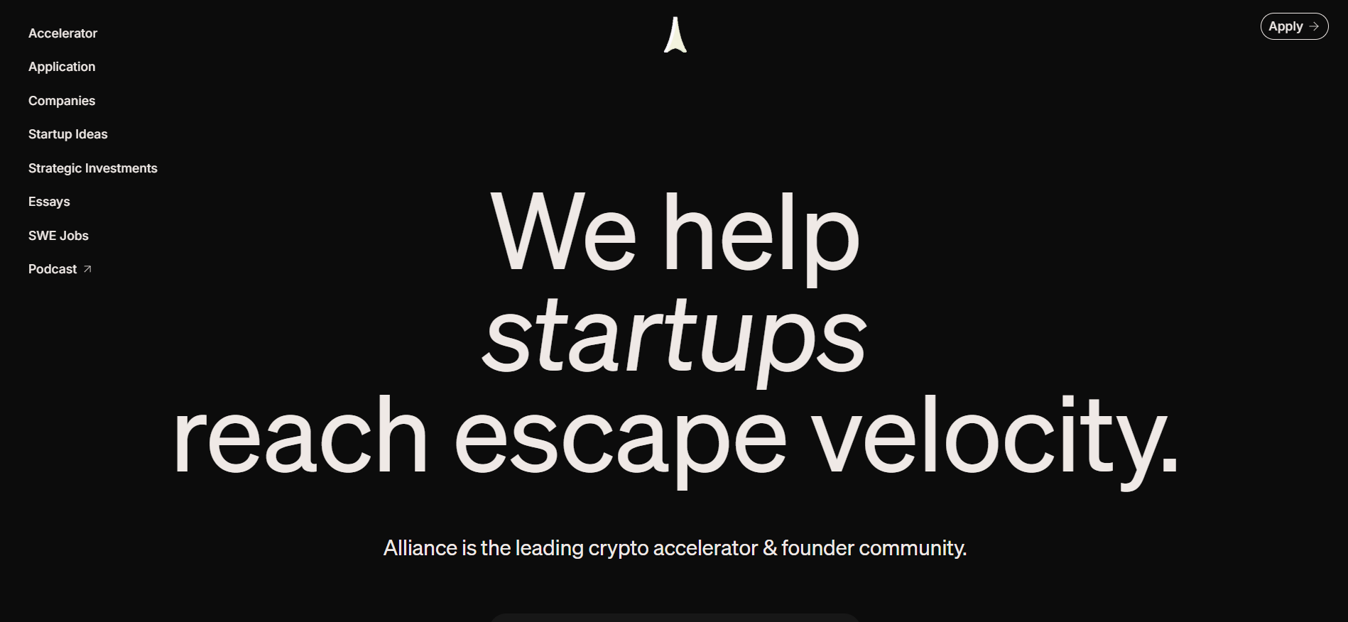 الصفحة الرئيسية لـ Alliance DAO التي تضم برنامج استثمار بقيمة 500 ألف دولار للشركات الناشئة في مجال العملات الرقمية، وهو أحد أفضل مجتمعات العملات الرقمية التي يجب متابعتها للحصول على فرص تمويل.