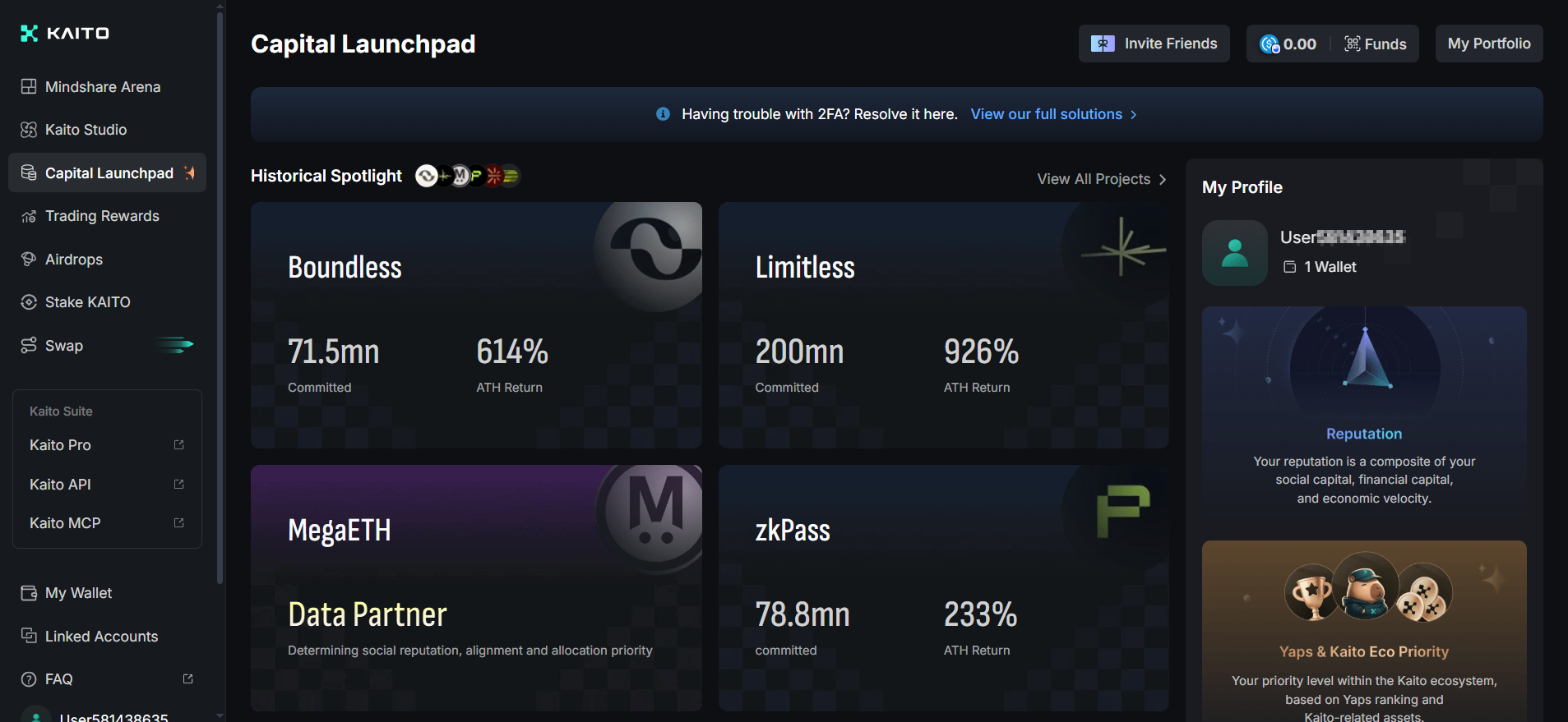 Kaito Capital Launchpad dashboard showing Historical Spotlight projects including Boundless (614% ATH return), Limitless (926% ATH return), and zkPass (233% ATH return), with reputation-based allocation scoring system combining social capital, financial capital, and economic velocity for IDO presale access.