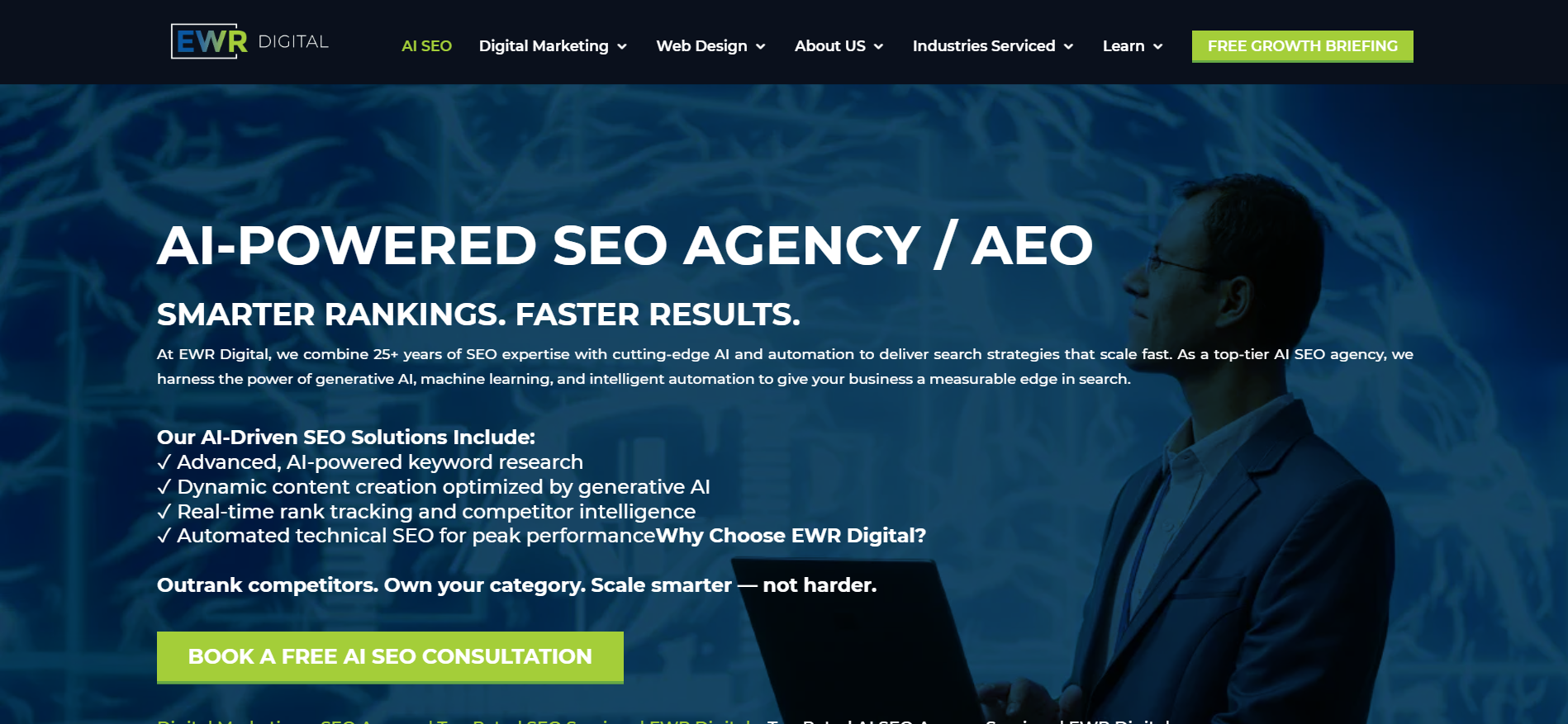 A página inicial da EWR Digital apresenta 25 anos de experiência em serviços de SEO baseados em IA com integração de aprendizagem automática para clientes de Dallas