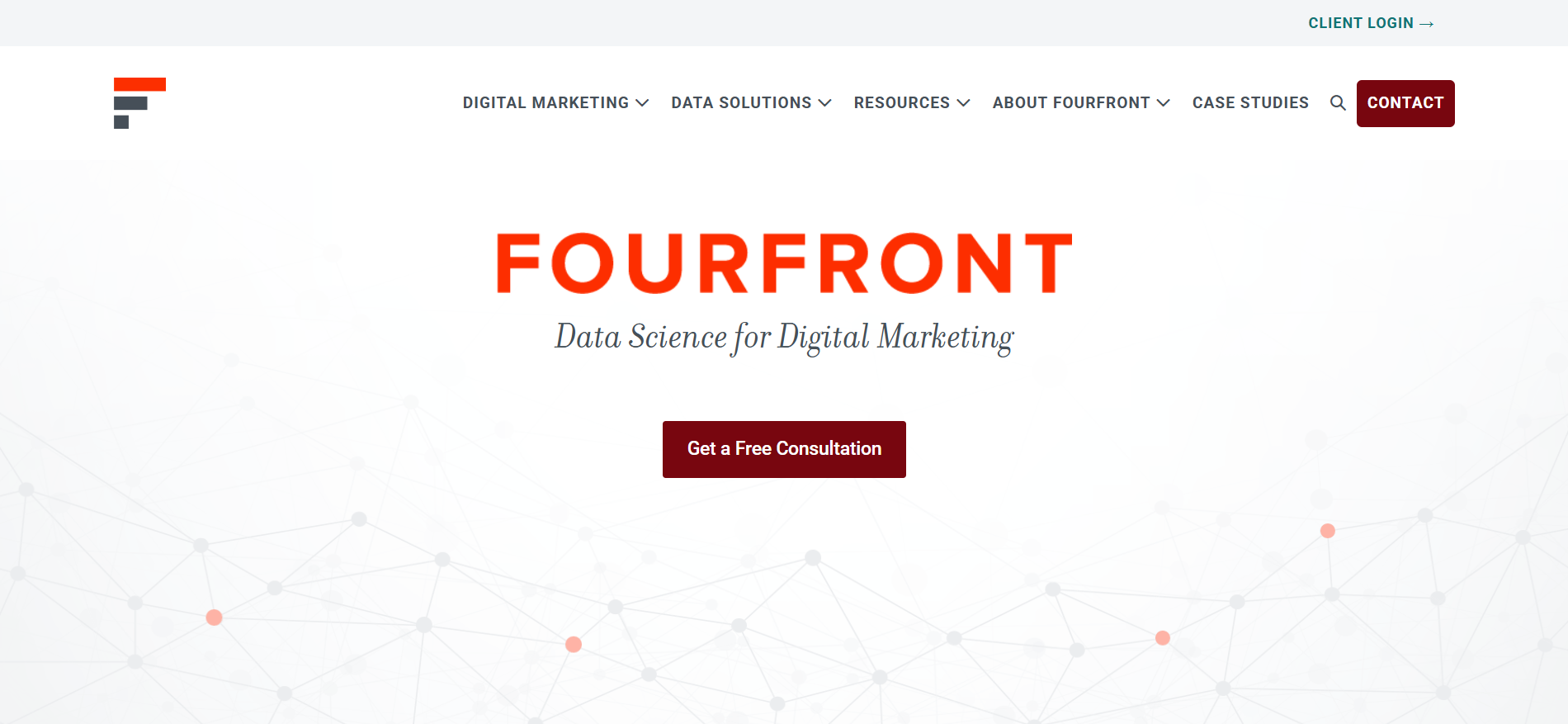 A página inicial do FourFront apresenta serviços de SEO com aprendizagem automática desde 2010, com integração do IBM Watson e capacidades de análise preditiva