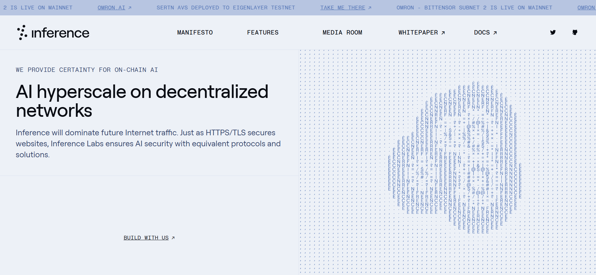 La página de inicio de Inference Labs muestra la infraestructura de IA distribuida y los servicios de aprendizaje automático de blockchain para la mejor cripto ICO