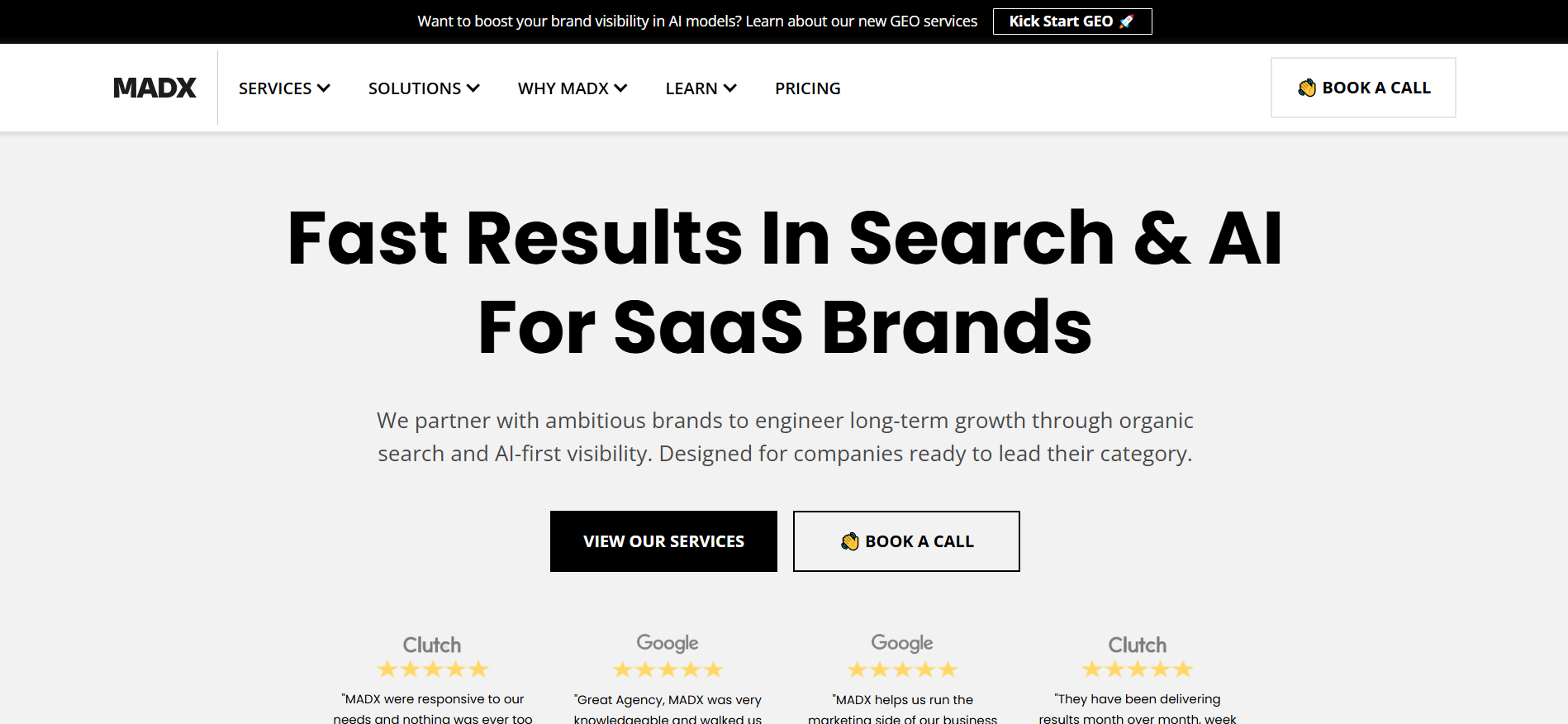 Página inicial da MADX Digital com serviços de SEO de IA para ChatGPT, Perplexity AI e otimização de visões gerais de IA do Google para empresas de tecnologia