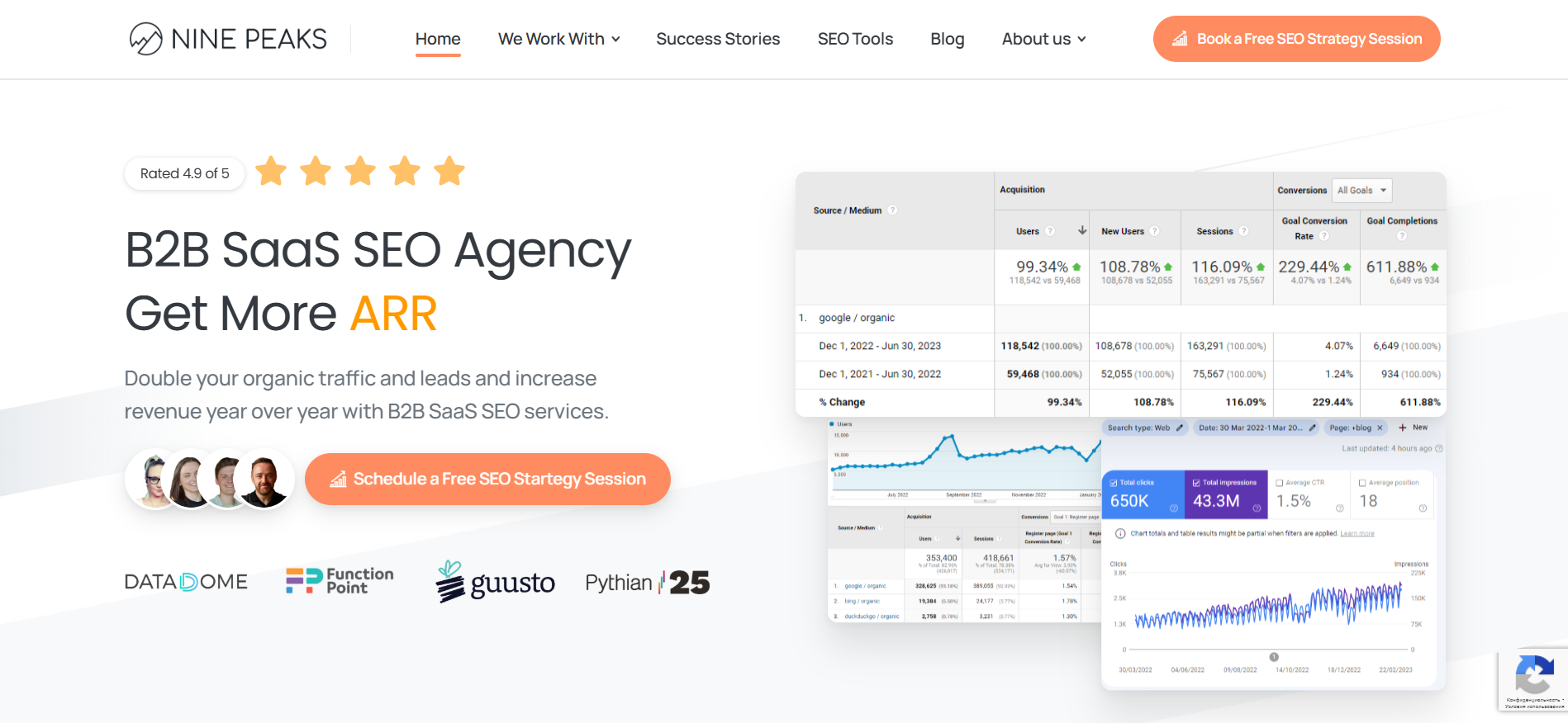 Página inicial da Nine Peaks Media com serviços especializados de SEO de IA para empresas de tecnologia B2B com sede em Toronto e preços premium