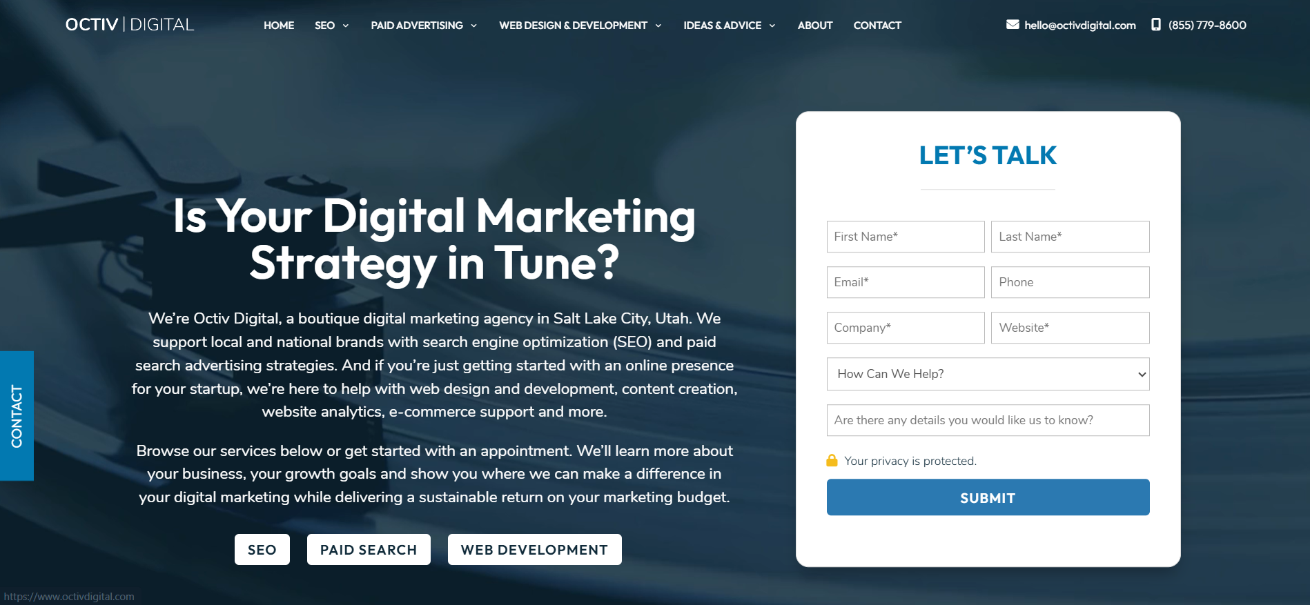Página inicial da Octiv Digital que apresenta serviços de SEO com IA baseados em Salt Lake City, integrados com soluções de marketing digital para empresas locais