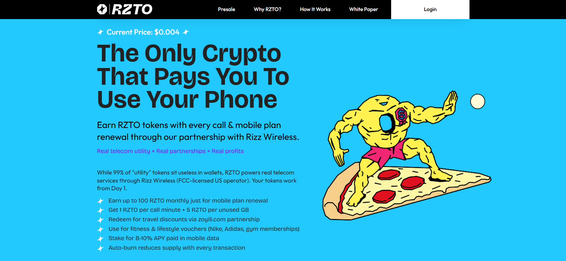 La page d'accueil de RZTO présente la plateforme de télécommunications DePIN basée sur Solana avec des récompenses "call-to-earn" et un partenariat avec Rizz Wireless représentant les meilleures préventes de crypto-monnaies en septembre 2025.