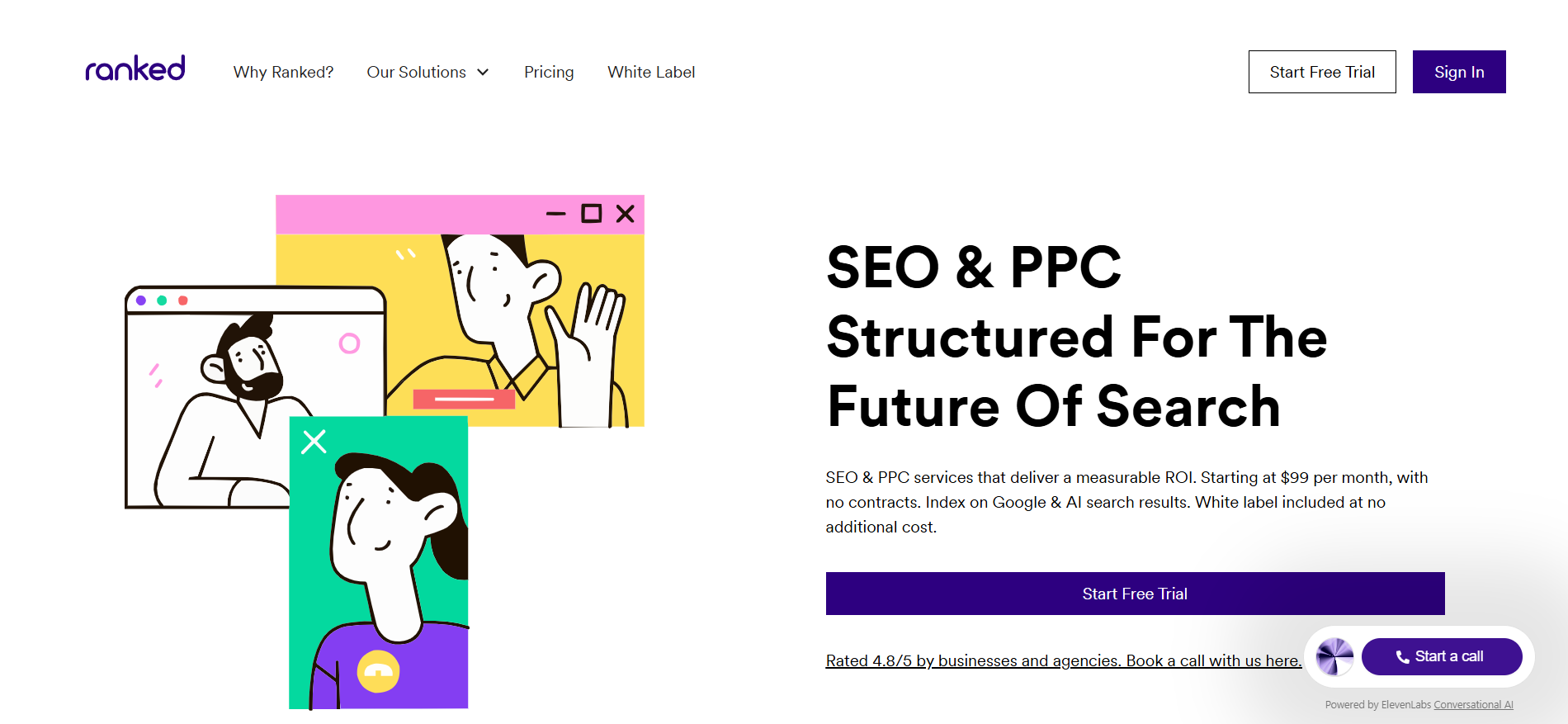 Página inicial do sítio Web da Ranked.ai que apresenta serviços de SEO de IA de marca branca a partir de 99 dólares mensais com funcionalidades de integração do Google Gemini