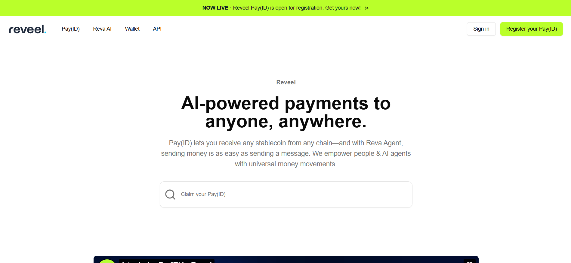 Página principal de Reveel mostrando soluciones de procesamiento de cripto pagos y herramientas de integración de comerciantes para el mejor espacio cripto ICO