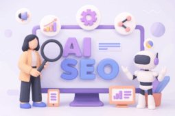 رسم توضيحي عصري ثلاثي الأبعاد يتميز بمفهوم AI SEO مع امرأة محترفة تحمل عدسة مكبرة ومساعد روبوت وشاشة كمبيوتر تعرض لوحات معلومات التحليلات وأيقونات التسويق الرقمي باللونين الأرجواني والأزرق