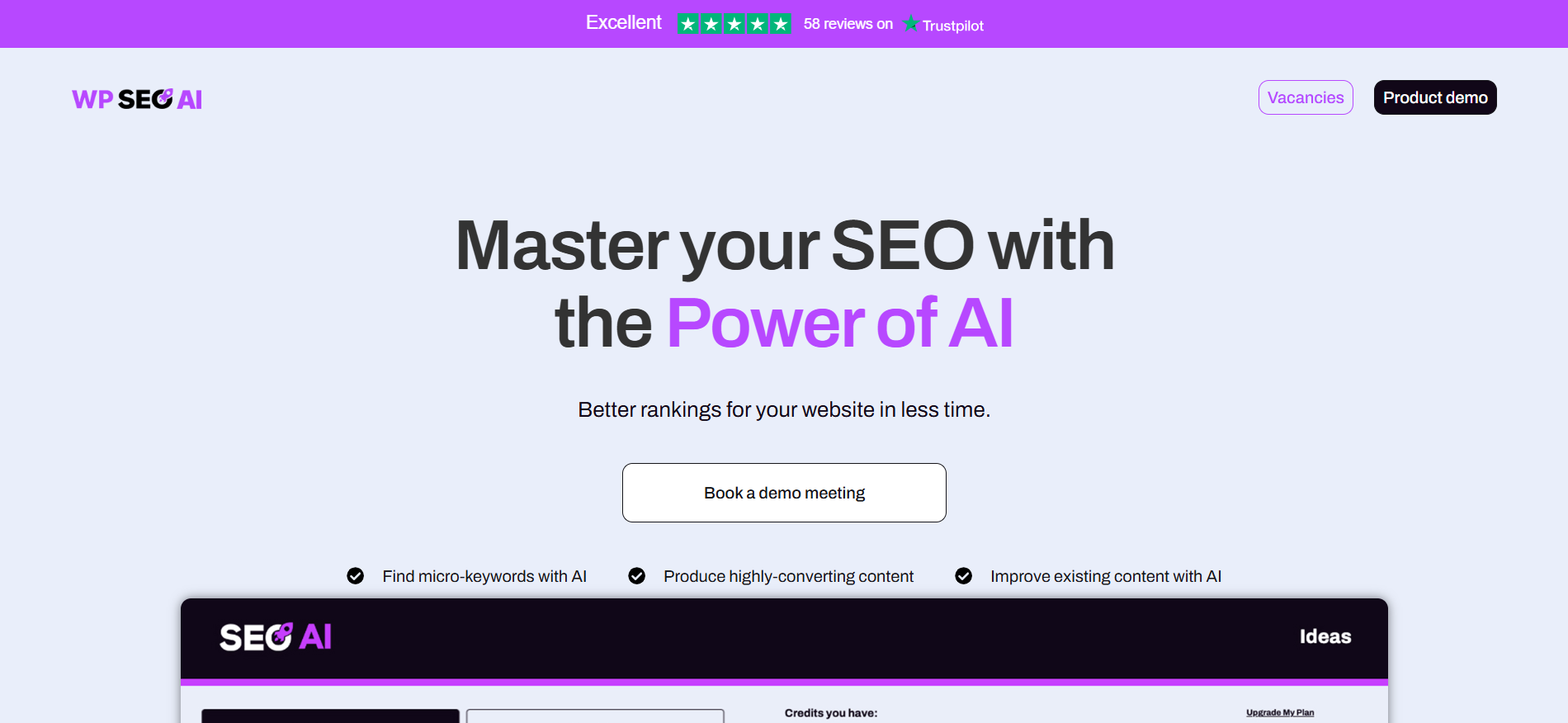 A página inicial da WP SEO AI apresenta modelos de IA próprios para análise de palavras-chave, criação automatizada de conteúdos e ferramentas de acompanhamento da concorrência