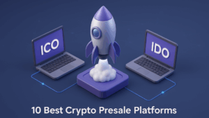3D illustration of a rocket launching between two laptops displaying ICO and IDO text, representing the best crypto presale platforms for token launches in 2026.