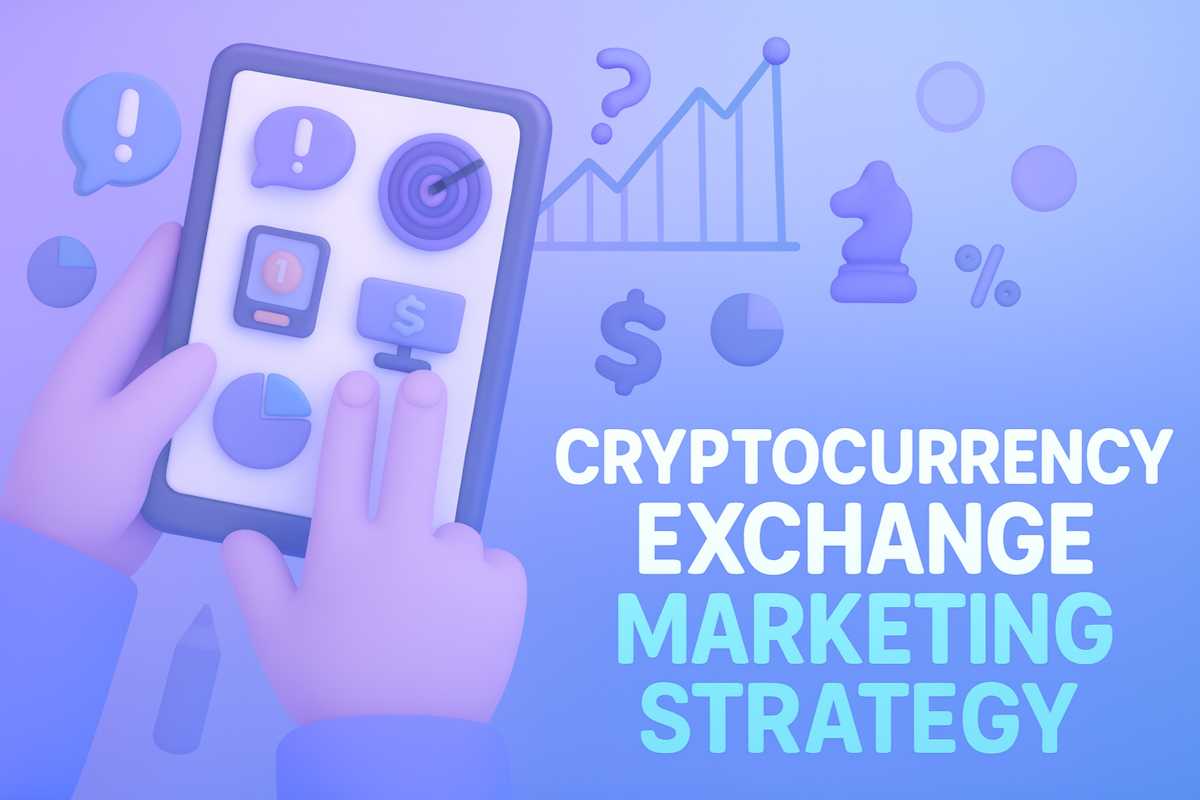 3D illustration of hands using a digital tablet with marketing and analytics icons, representing cryptocurrency exchange growth strategy in 2025
