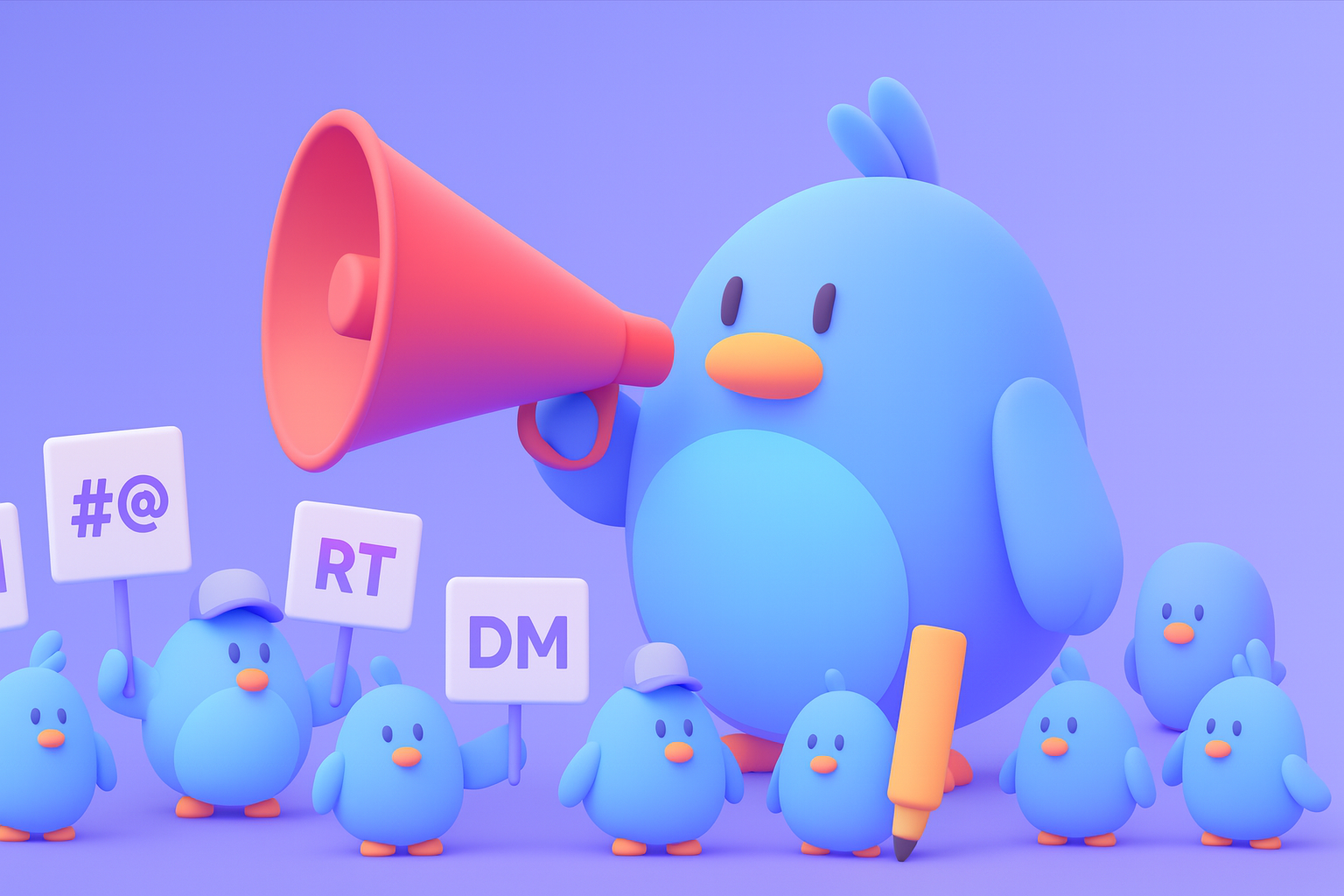 Influencers social media marketing illustration featuring cartoon birds with megaphone promoting crypto content on Twitter X platform with hashtags retweets and direct messages.