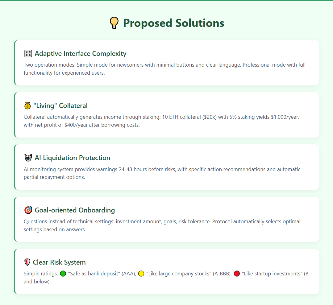DeFi lending protocol solutions infographic featuring adaptive interface complexity, living collateral that generates income through staking, AI liquidation protection system, goal-oriented onboarding, and clear risk rating system to improve user adoption.