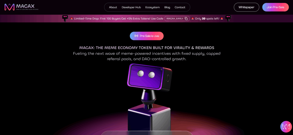 Moonshot MAGAX presale website featuring meme economy token with purple robot mascot, advertising limited-time bonus offer and viral rewards system for crypto investors.