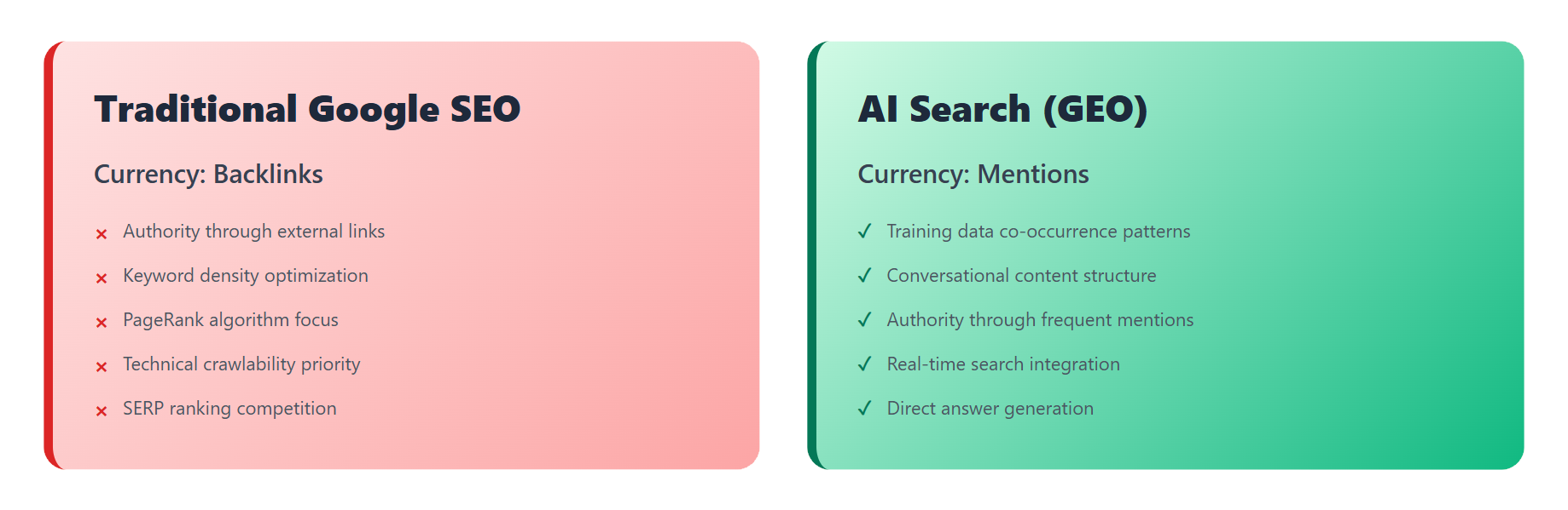 Comparação entre o SEO tradicional do Google, que utiliza backlinks como moeda, e a pesquisa de IA GEO (Generative Engine Optimization), que utiliza menções como moeda, mostrando uma mudança fundamental do foco do algoritmo PageRank para padrões de coocorrência de dados de treino e estrutura de conteúdo conversacional para visibilidade de projectos criptográficos em ChatGPT e plataformas de pesquisa de IA.