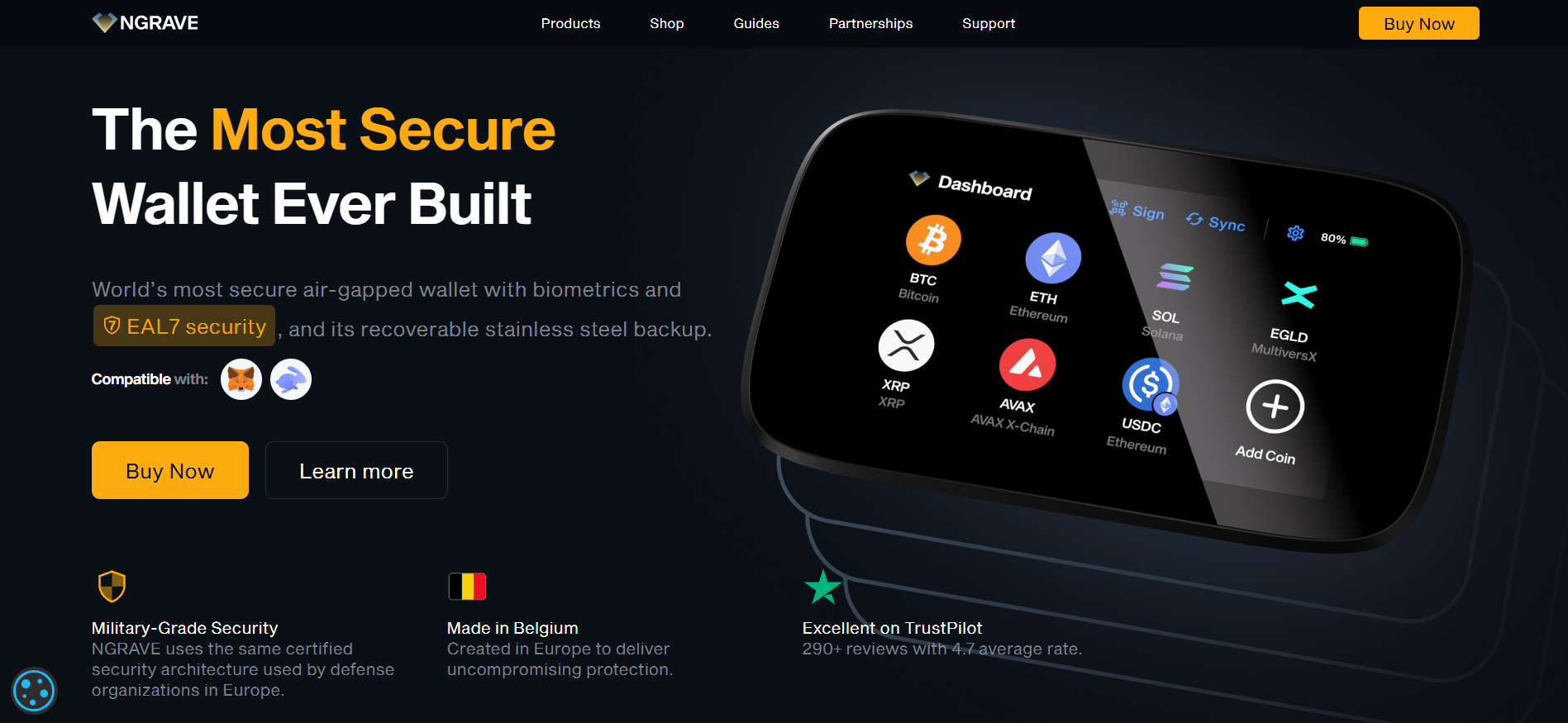 NGRAVE hardware wallet homepage featuring secure cryptocurrency storage solutions among best crypto presales now for high ROI equity opportunities.