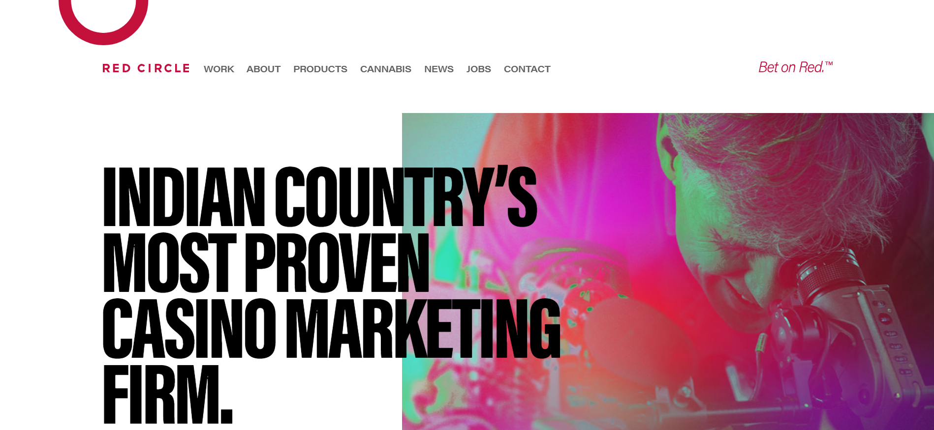 L'interfaccia di Red Circle Agency mostra i servizi di marketing dei casinò tribali e le campagne di gioco d'azzardo basate sui dati.