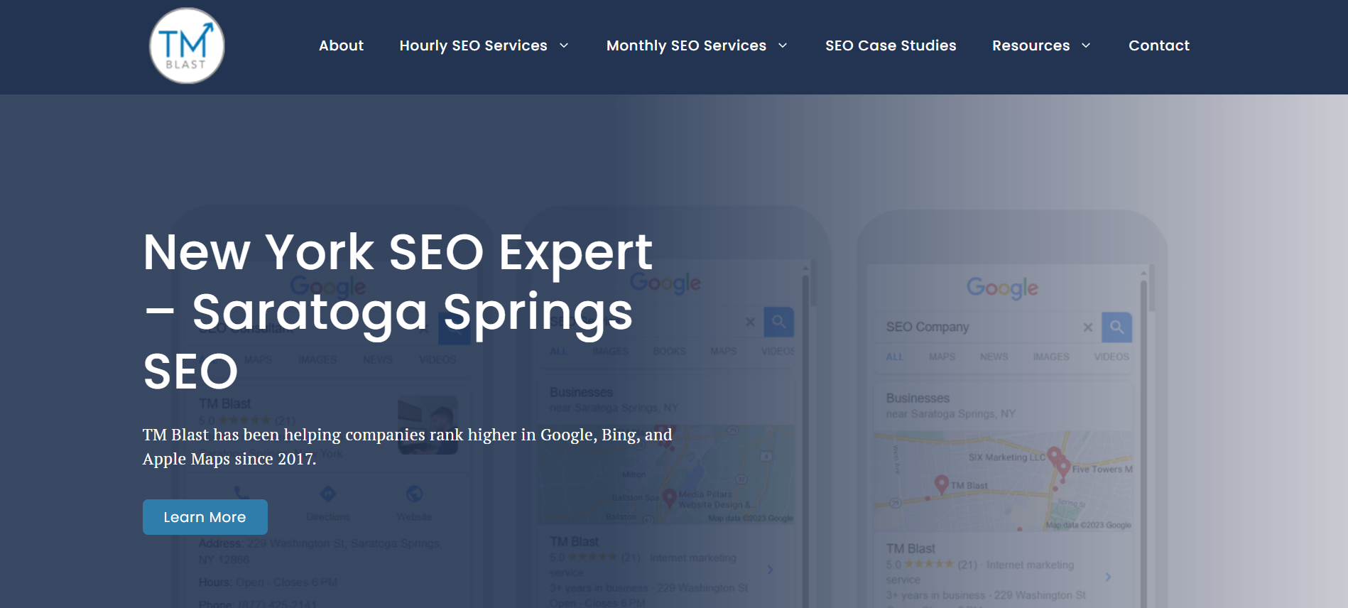 TM Blast homepage showing local SEO services and personalized optimization strategies from solo new york seo company practitioner Greg Kristan.