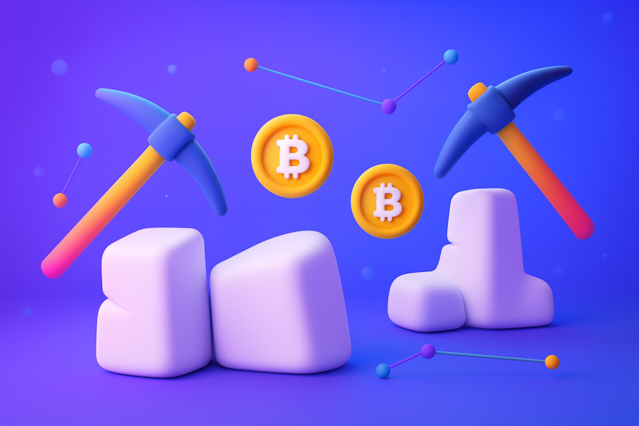 Conceito das melhores plataformas de extração na nuvem 2025 com picaretas de extração de Bitcoin em 3D e moedas de criptomoeda num fundo roxo que representa uma extração lucrativa.