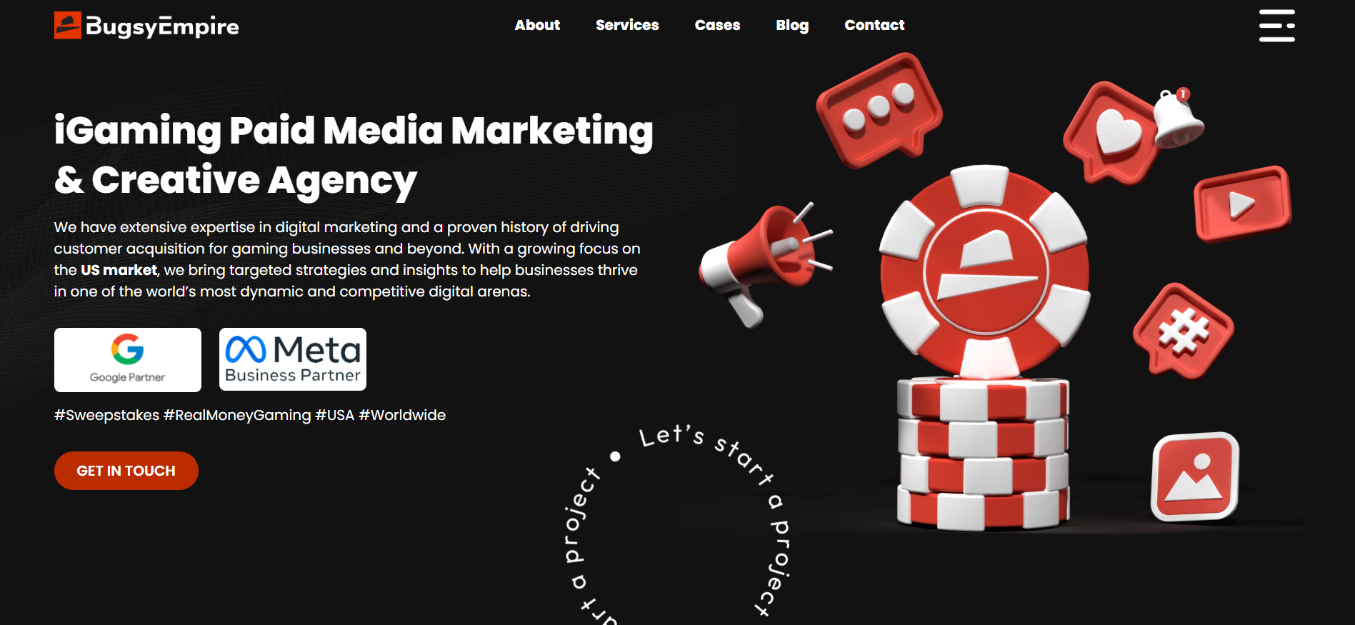BugsyEmpire homepage displaying programmatic advertising solutions and US market expansion services for iGaming.