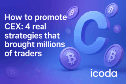 كيفية الترويج لاستراتيجيات تسويق CEX صورة غلاف استراتيجيات تسويق CEX التي تتميز برموز بيتكوين ثلاثية الأبعاد ونص ترويجي لتبادل العملات الرقمية على خلفية متدرجة أرجوانية.