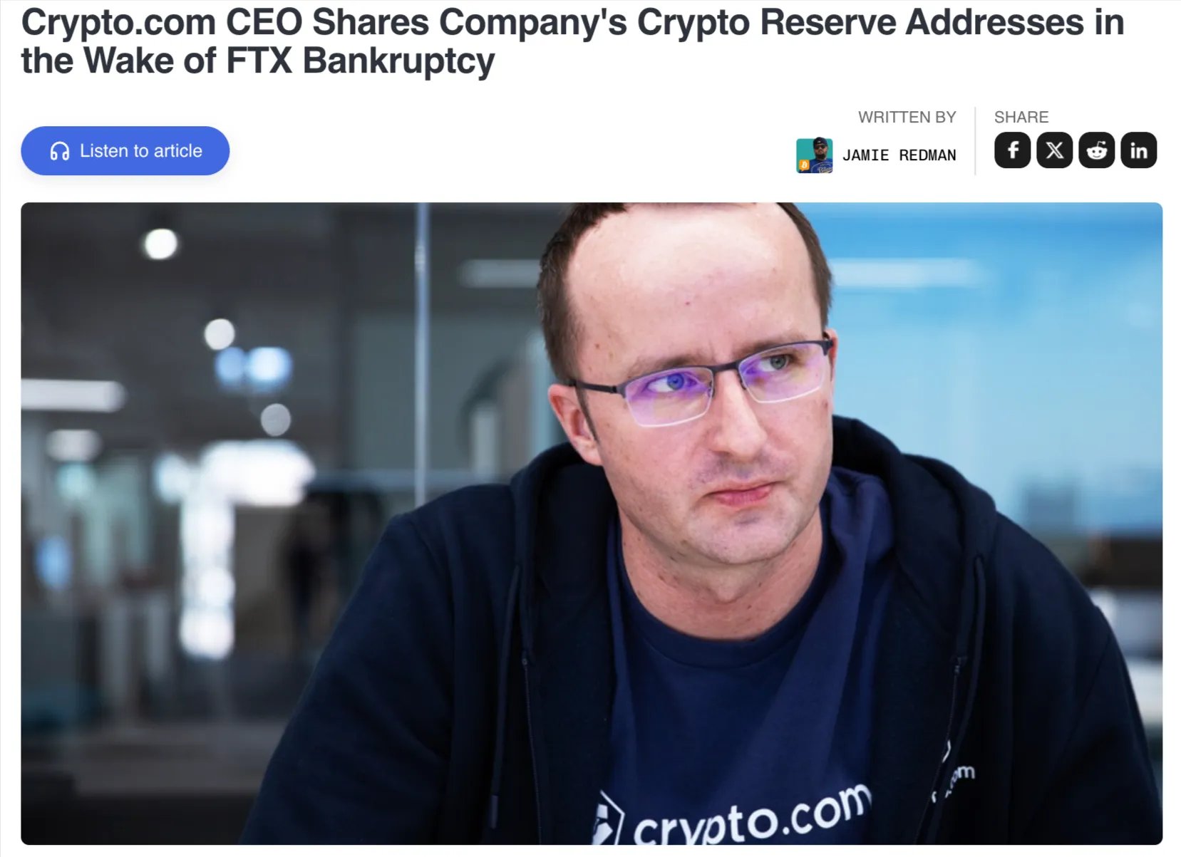 الرئيس التنفيذي لشركة Crypto.com يُشاركنا إثبات الاحتياطيات بعد انهيار FTX لاستعادة الثقة في بورصات العملات الرقمية