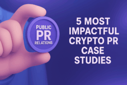 Hand holding purple PR badge representing 5 most impactful crypto PR case studies from 2022-2025, illustrating successful cryptocurrency public relations and blockchain marketing campaigns for industry professionals.