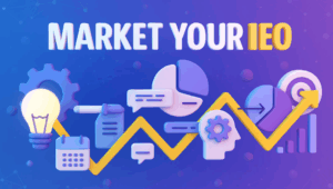 IEO marketing strategy infographic showing growth chart, analytics icons, calendar planning, pie charts, target symbols, and communication elements on purple gradient background - illustrating comprehensive IEO marketing guide components including budget planning, timeline management, and performance metrics for successful token sale campaigns.
