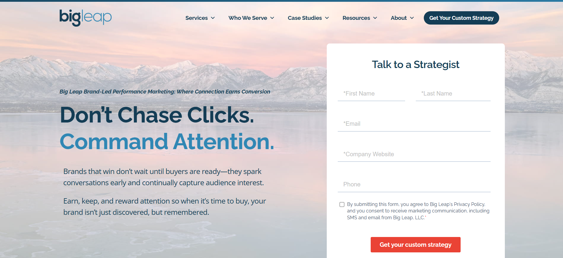 Big Leap homepage displaying B2B SaaS and historical ICO expertise as established top ICO marketing agency since 2015.
