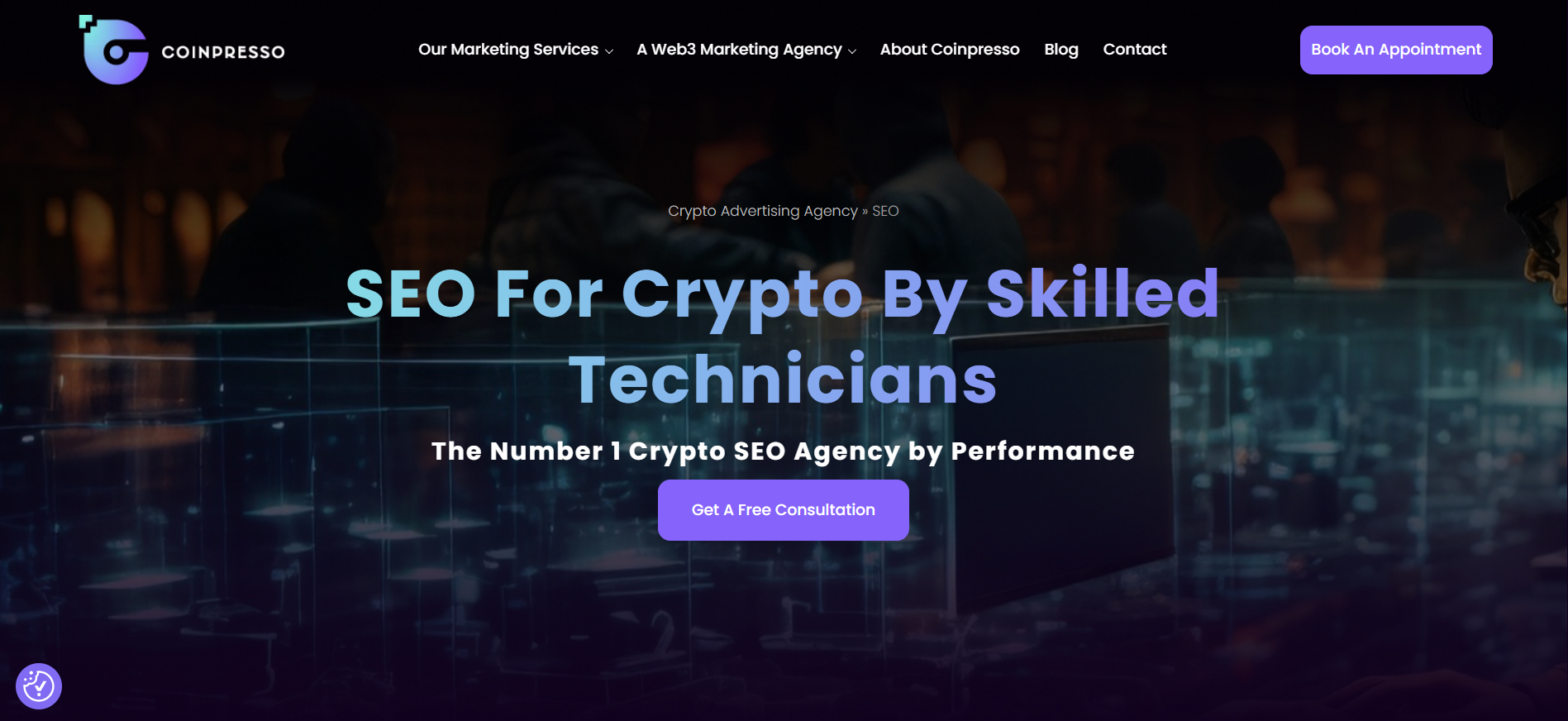 Coinpresso homepage featuring data driven crypto SEO services and generative engine optimization for blockchain projects with over 100 successful DeFi protocol campaigns.
