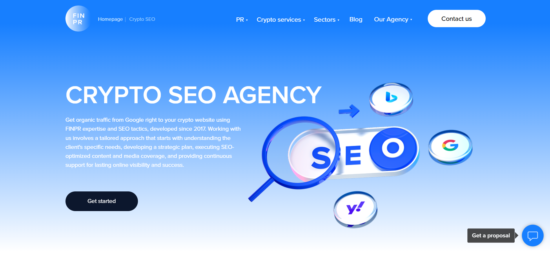 FINPR Agency homepage displaying AI enhanced content marketing and generative engine optimization services for Web3 projects across Asian and European crypto markets.
