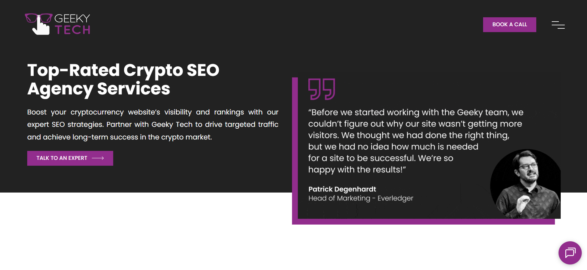 Geeky Tech homepage featuring boutique blockchain SEO services and proprietary AI optimization tools for cryptocurrency projects accepting crypto payments with UK market expertise.