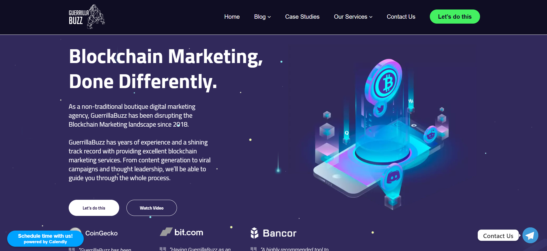 GuerrillaBuzz homepage offering viral growth marketing and community building strategies for blockchain and DeFi protocols.
