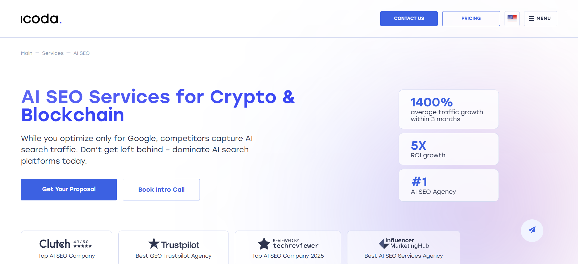 ICODA homepage showcasing AI powered SEO services for crypto companies including LLMO and GEO solutions trusted by Ledger eToro and Crypto.com with proven 300 percent citation increases.