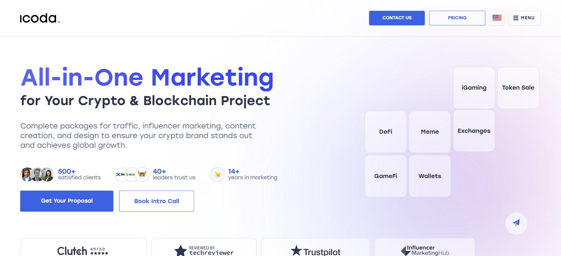 ICODA homepage displaying comprehensive crypto presale marketing services trusted by TON and Filecoin as the best crypto presale marketing agency in 2025.