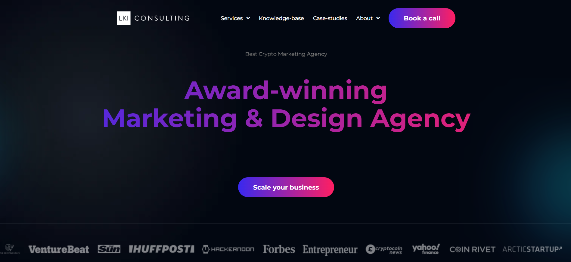 LKI Consulting homepage displaying enterprise web3 marketing solutions for Layer 1 and Layer 2 blockchain infrastructure projects.