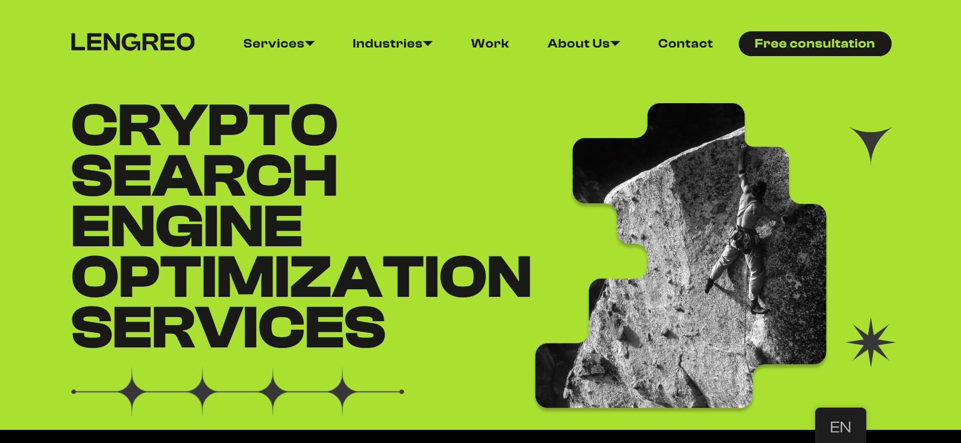 LenGreo homepage featuring comprehensive AI SEO and lead generation services integrating generative engine optimization with demand generation strategies for blockchain and technology clients.