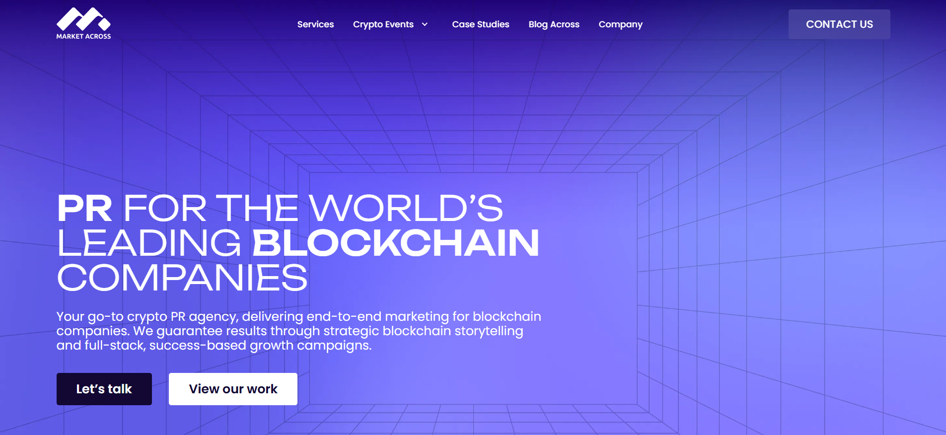 MarketAcross homepage presenting blockchain PR services and tier 1 crypto publication media placements for web3 projects.