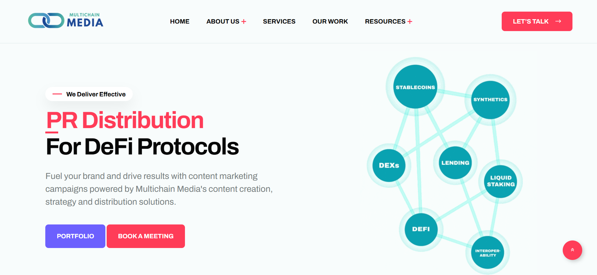 Multichain Media homepage highlighting DeFi focused content creation SEO and PR distribution services with AI powered semantic authority building for decentralized finance protocols.