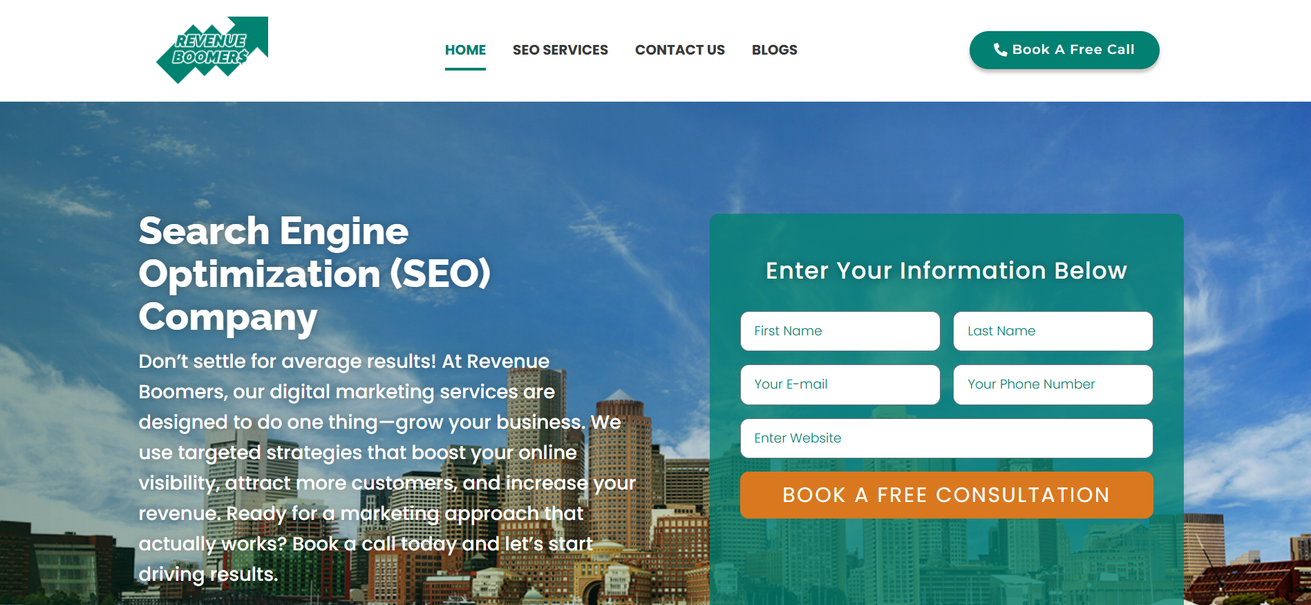 Revenue Boomers homepage showcasing scalable crypto SEO packages with GEO and AEO services designed for blockchain startups and projects with limited marketing budgets.
