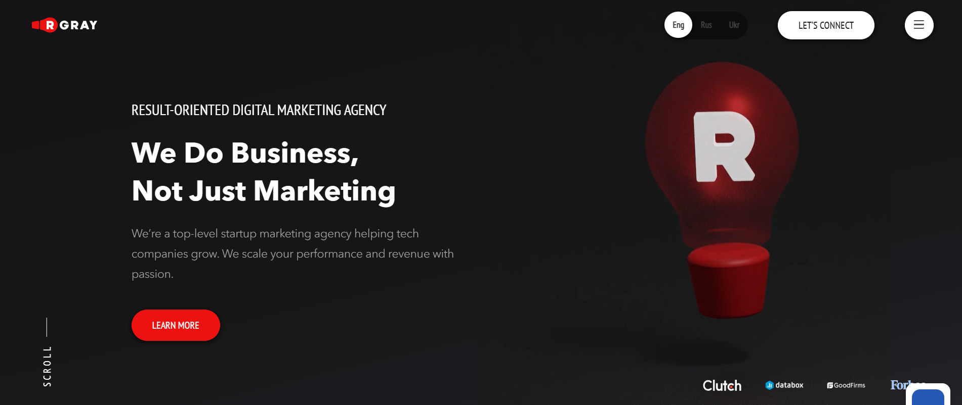 RGray homepage showcasing full cycle marketing and CIS exchange partnerships as top ICO marketing agency for regional projects.