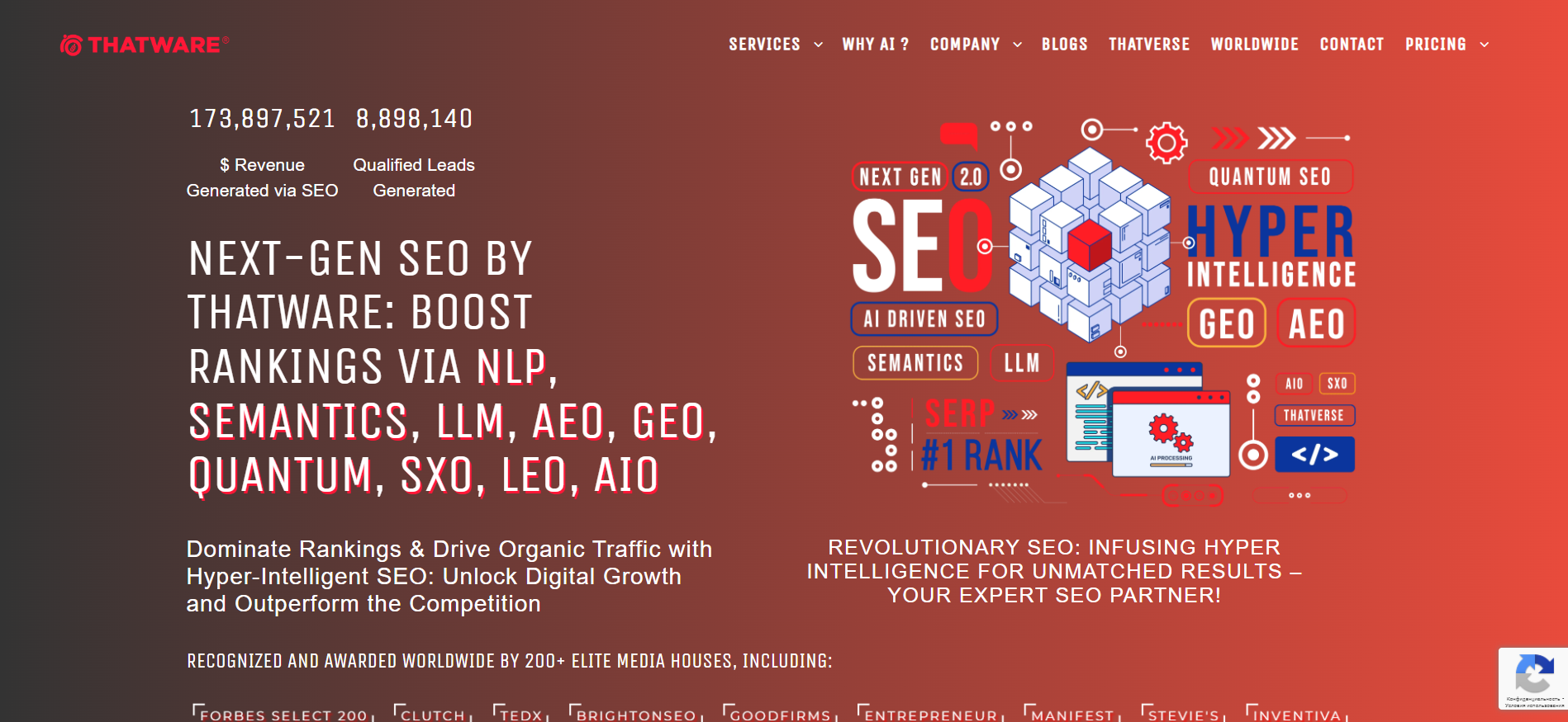 THATWARE homepage displaying next generation SEO services with AEO GEO and Hyper AI capabilities powered by 927 proprietary algorithms for enterprise blockchain and technical projects.