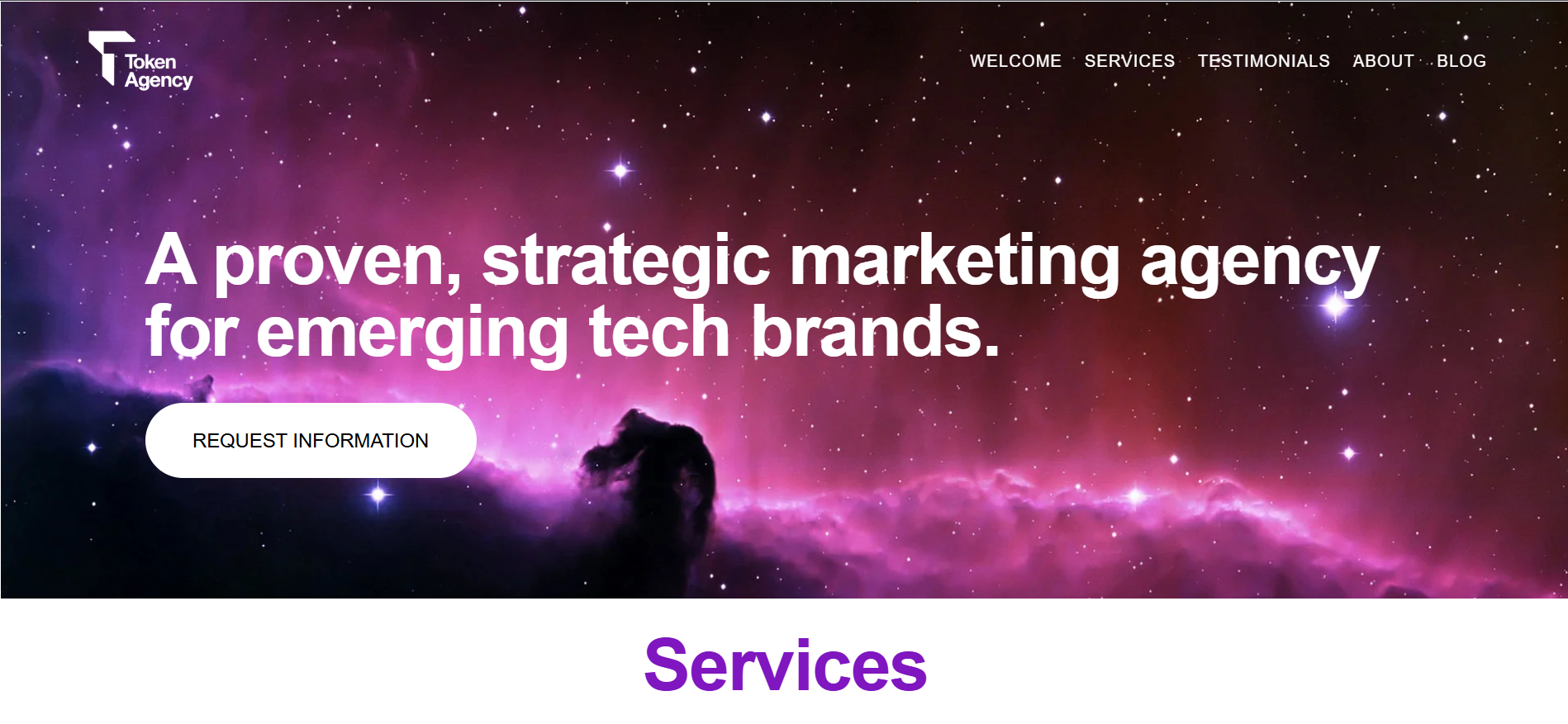 Token Agency homepage displaying automated campaign optimization and programmatic ads for top ICO marketing agency services.