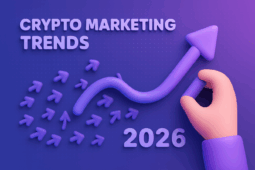 3D illustration showing crypto marketing trends 2026 with hand holding upward growth arrow on purple gradient background.